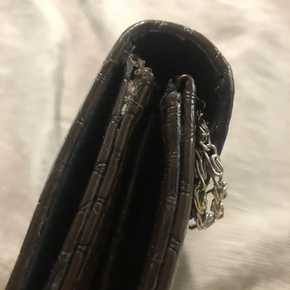 FAUX‎ Croc Embossed Convertible Clutch Bag Brown Chain Strap Crossbody Evening